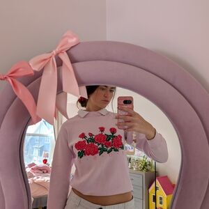 Pink Floral Collared Crewneck Sweater Size Large